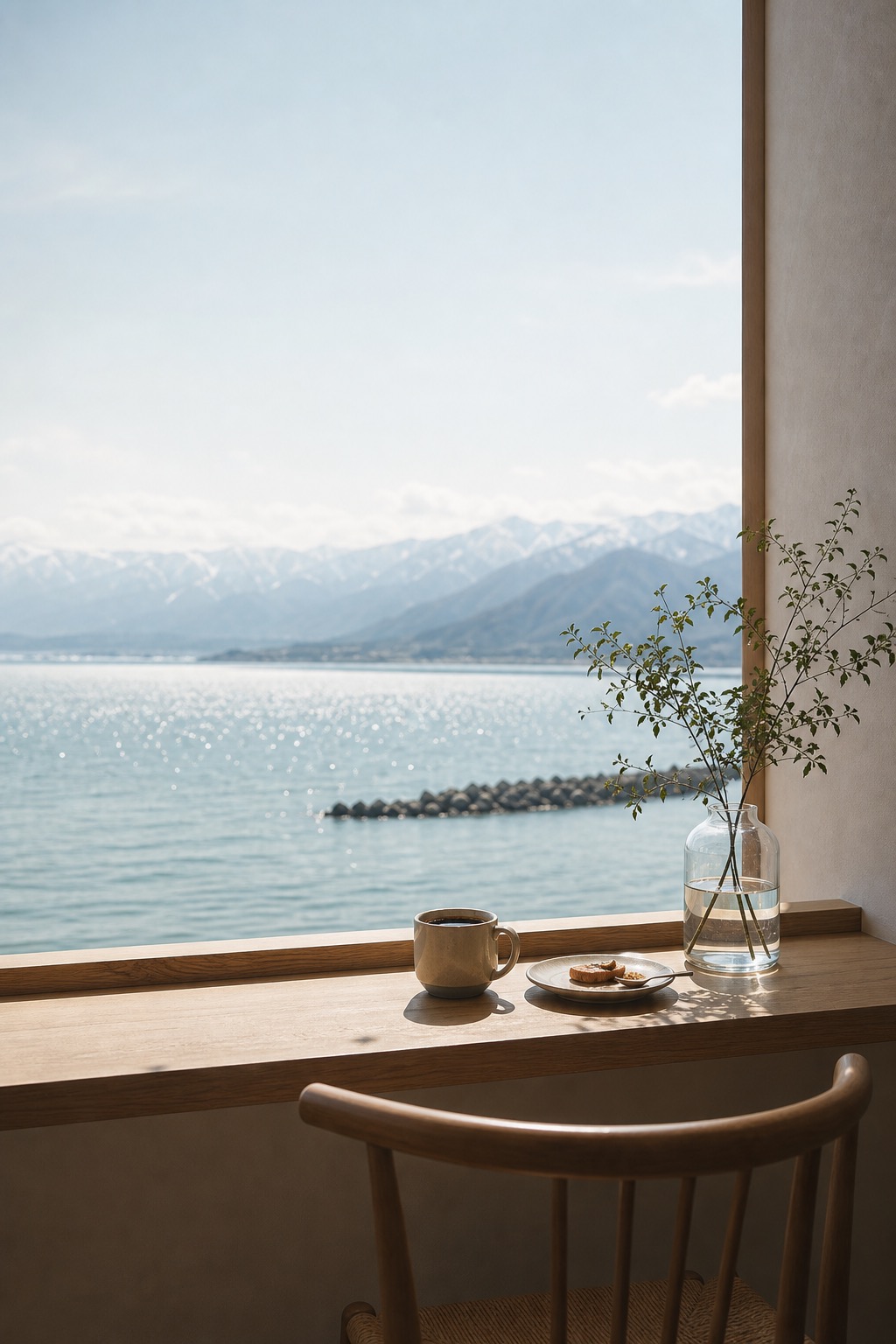 昼の海辺カフェの窓辺