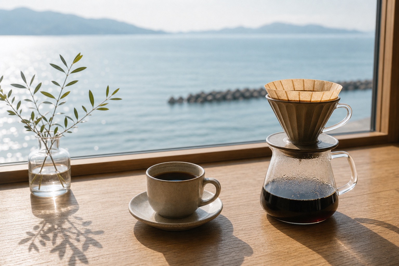 海辺の光の中で淹れるハンドドリップコーヒー
