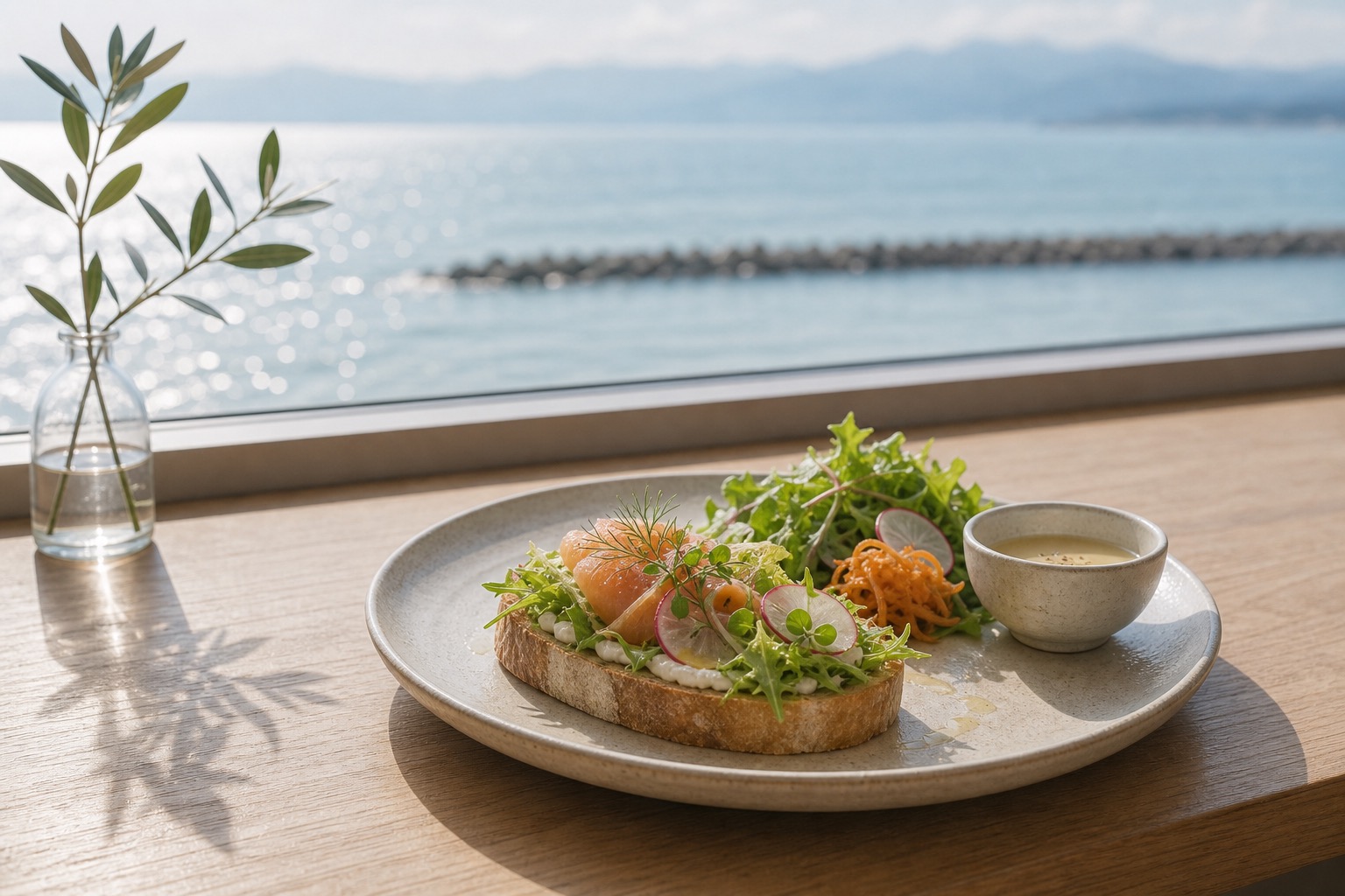 海辺のカフェで楽しむ軽食プレート