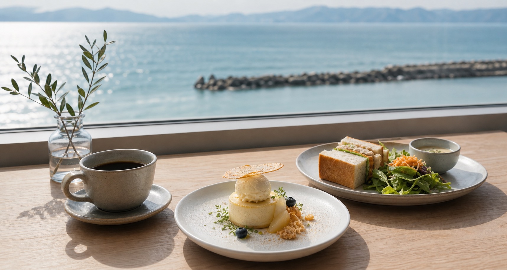 夕方の海辺で楽しむカフェ時間