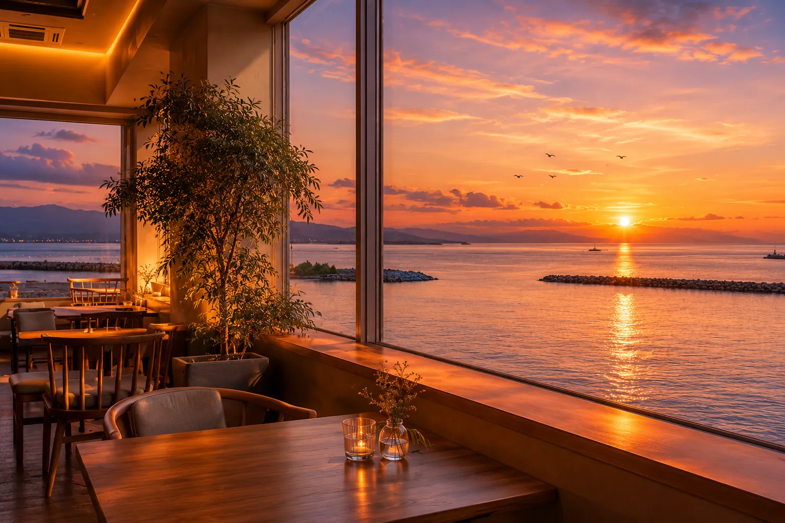 夕暮れの富山湾を眺める海辺のカフェ席